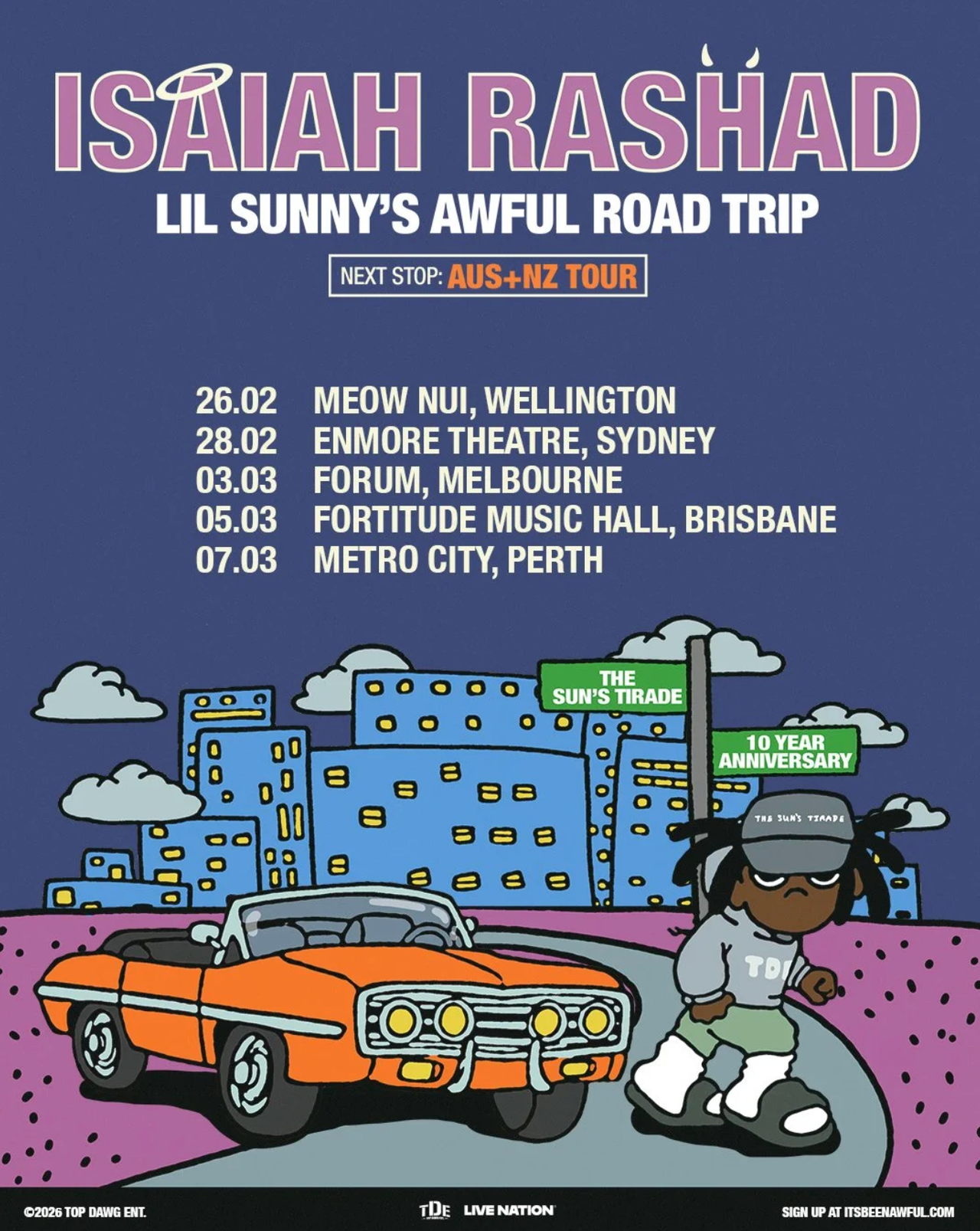 Tour poster for Isaiah Rashad's Lil Sunny's Awful Road Trip AUS+NZ Tour featuring cartoon artwork of an orange car and tour dates.
